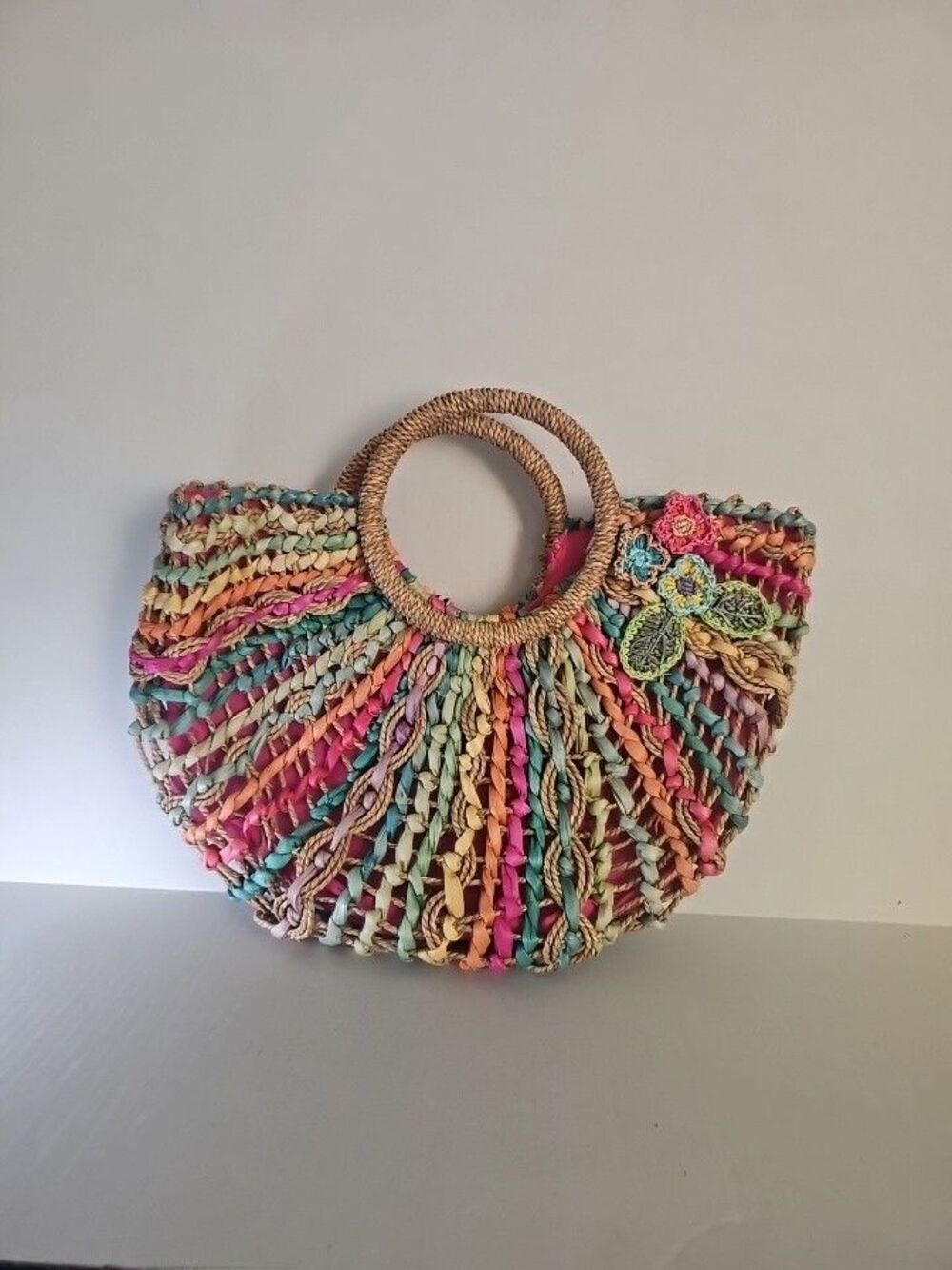 Cappelli Straworld Multicolor Half Moon Handbag Straw Handles Boho Beachy